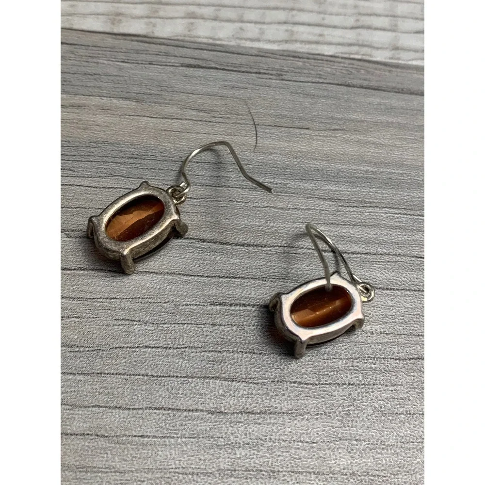 Vintage Silver Tone Amber Brown Oval Faceted Stone Drop Fishhook Earrings 4526